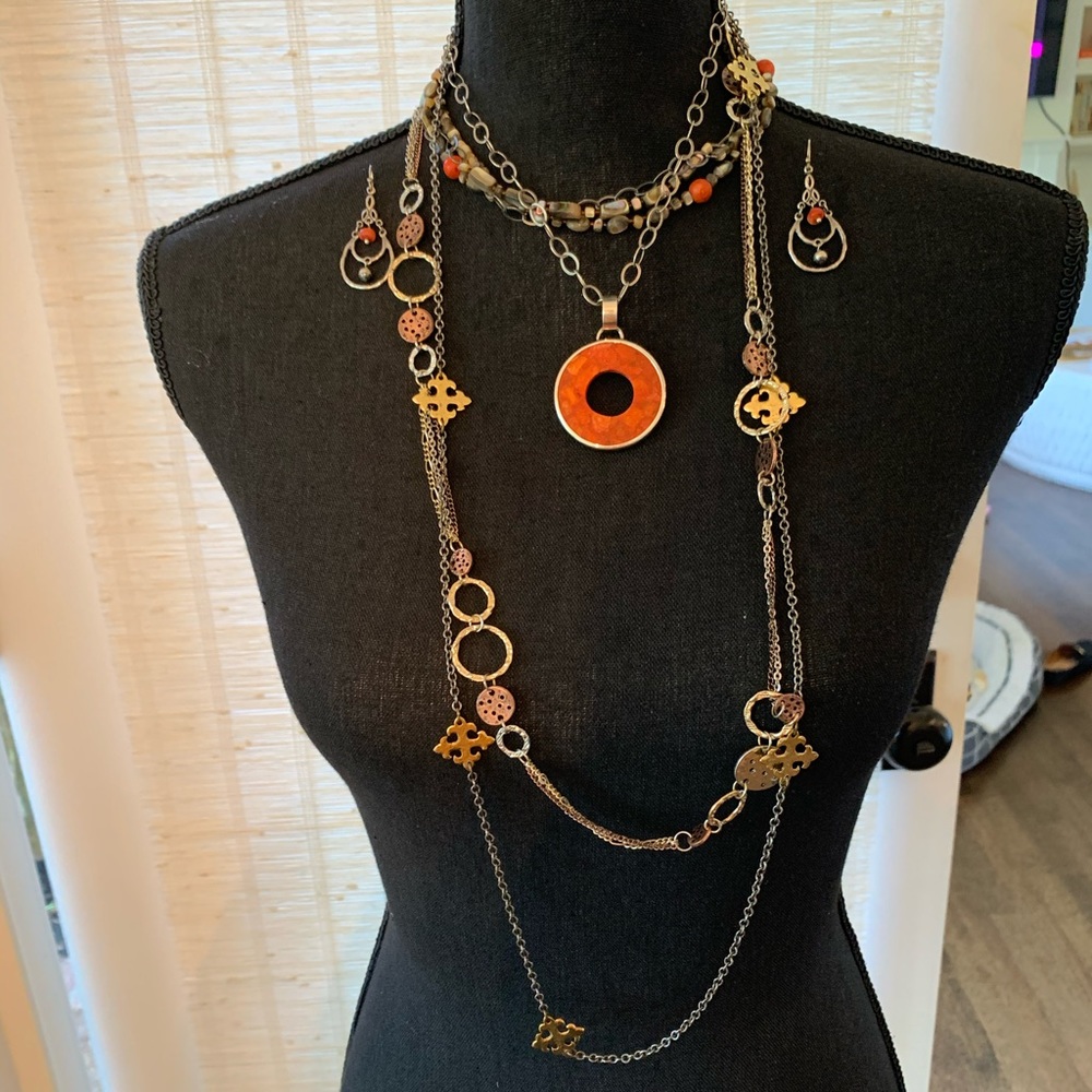 Orange & Gold Necklace Trio + Earrings